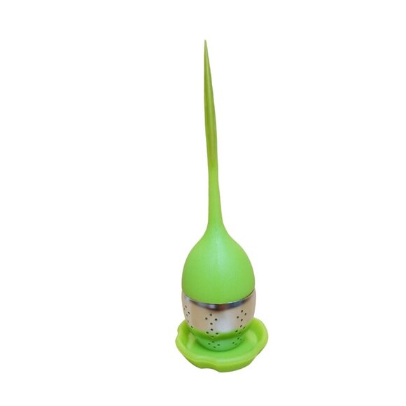 Tea Infuser Silicone Green Leaf Handle Stainless Steel Strainer With Drip Tray - Picture 3 of 6